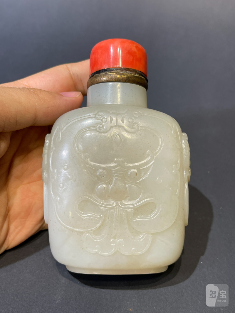 清 白玉兽面纹鼻烟壶 - 图3